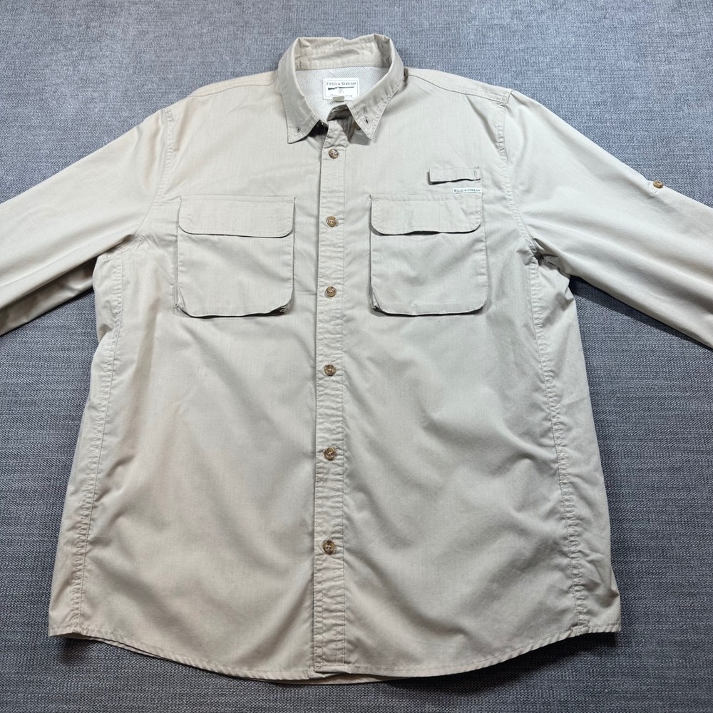Field & Stream Fishing Shirt Mens L Khaki Tan‎  Vented Long Sleeve L
